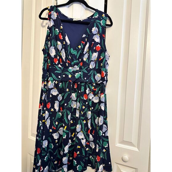 Jessy B Floral Print Dress Sleeveless V Neck Fit & Flare Navy Blue 2X Plus Size - Picture 4 of 7